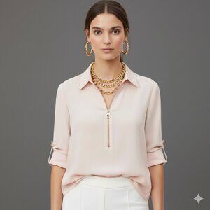 MICHAEL KORS Small Light Pink Quarter-Zip Roll-Tab Long Sleeve Blouse Top